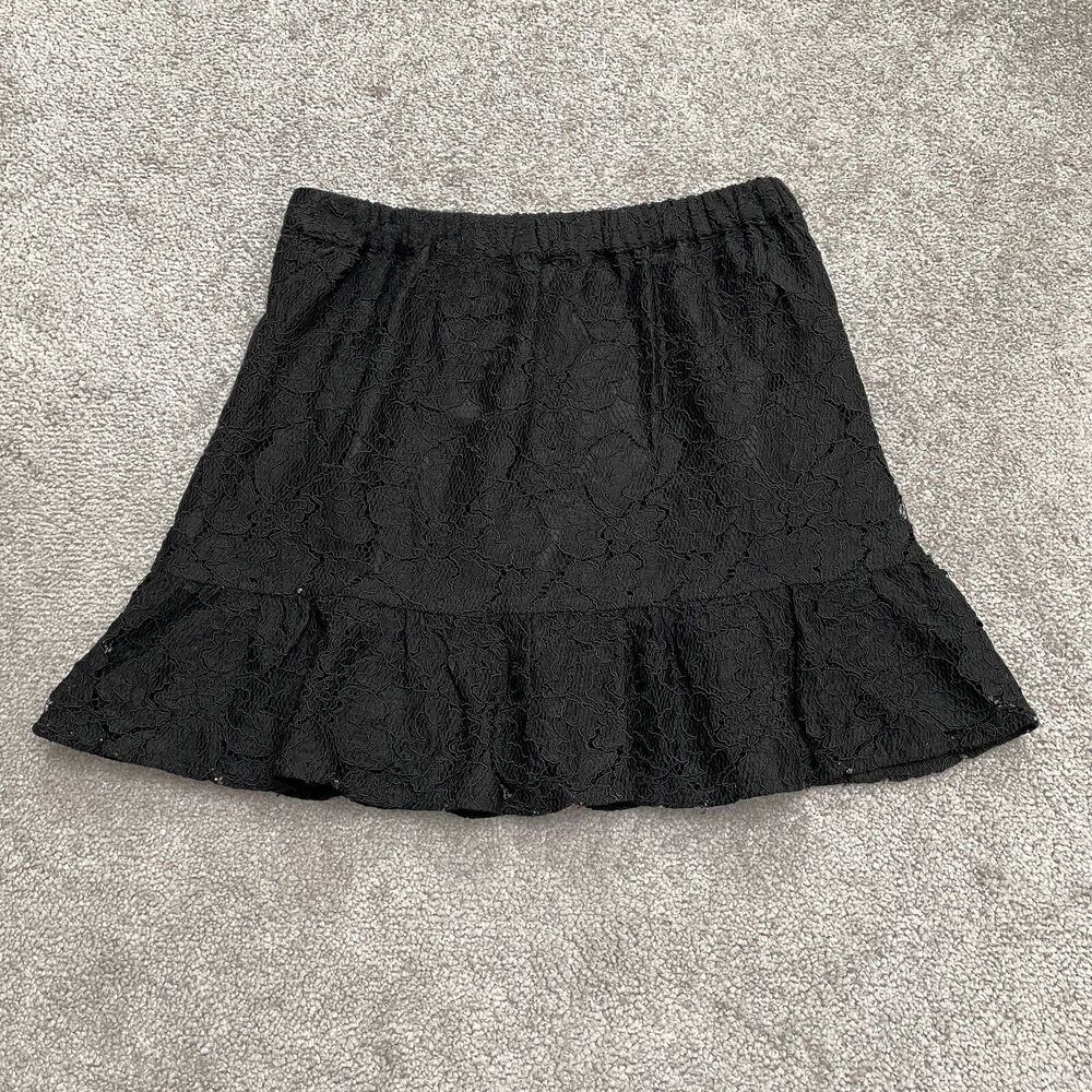 J. Crew Lace A-Line Mini Skirt Womens 0 Solid Black Elastic Waist Lined Casual